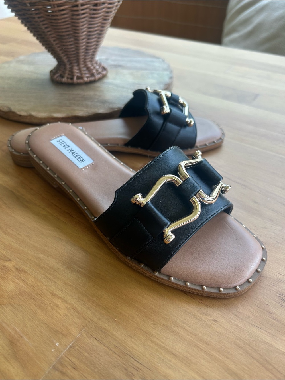 Steve Madden Black Slide Sandals with Gold Accent Hardware